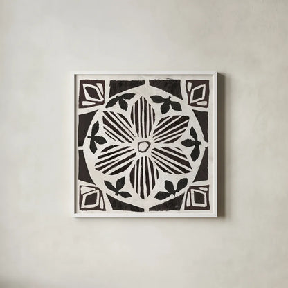 Woodcut Christmas IX by Daphne Brissonnet. Shown in a crisp white glass frame for a clean and minimalist style. Available as an archival giclee rolled canvas, fine art paper, or poster print. SKU 69688a.