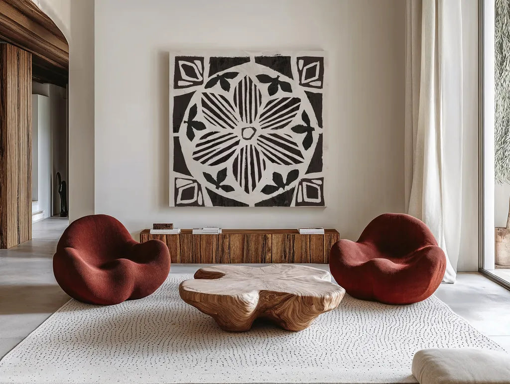 Woodcut Christmas IX by Daphne Brissonnet. Shown as extra-large giant wall art in a modern living room. Available as an archival giclee rolled canvas, fine art paper, or poster print. SKU 69688a.