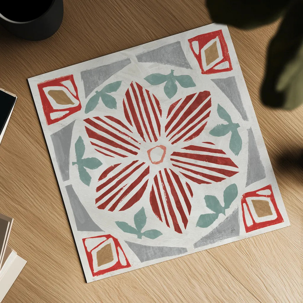 Woodcut Christmas IX Color by Daphne Brissonnet. Shown as a detailed flat fine art print, highlighting archival giclee quality. Available as an archival giclee rolled canvas, fine art paper, or poster print. SKU 69700a.