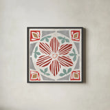 Woodcut Christmas IX Color by Daphne Brissonnet. Shown in a sleek black glass frame for a contemporary gallery look. Available as an archival giclee rolled canvas, fine art paper, or poster print. SKU 69700a.