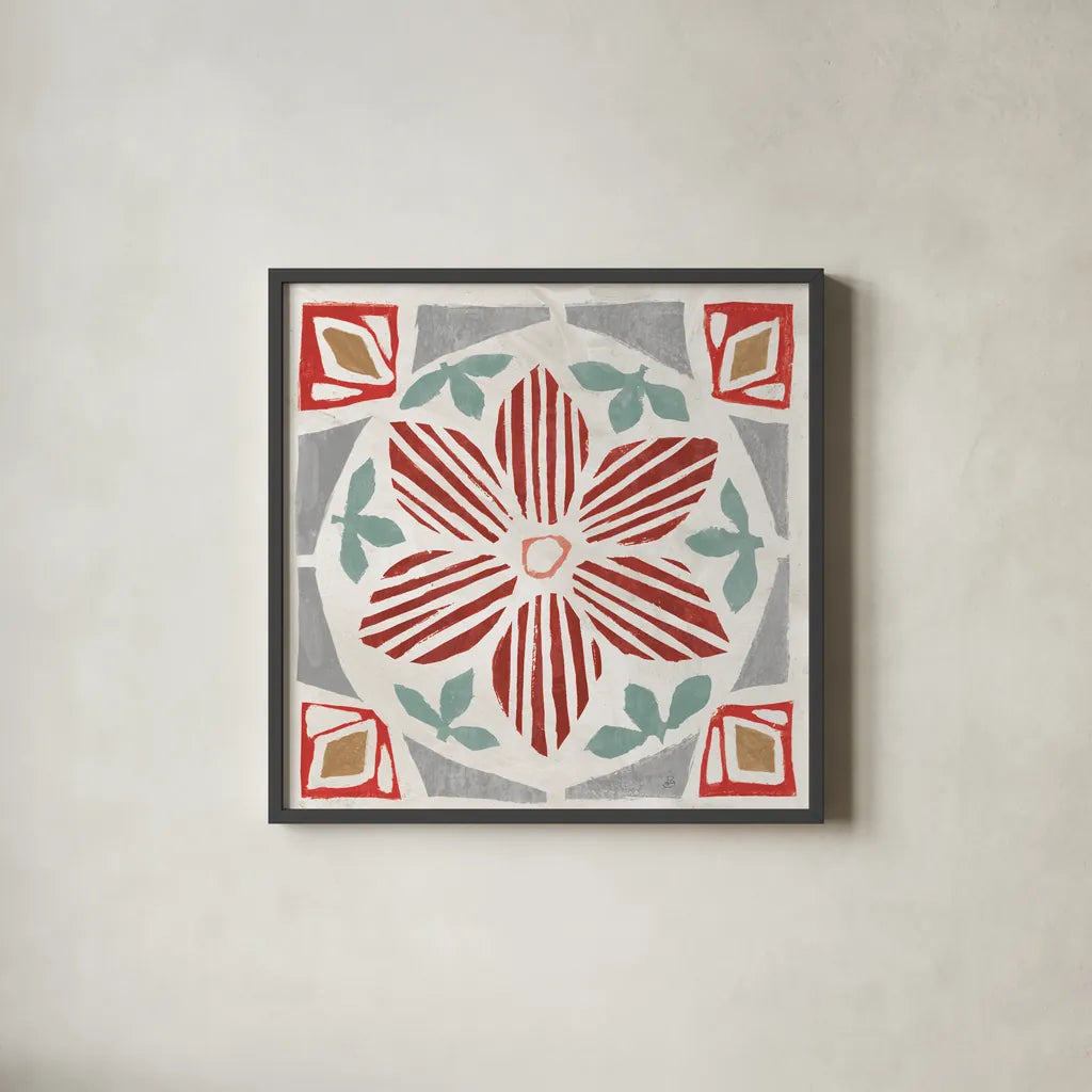 Woodcut Christmas IX Color by Daphne Brissonnet. Shown in a sleek black glass frame for a contemporary gallery look. Available as an archival giclee rolled canvas, fine art paper, or poster print. SKU 69700a.