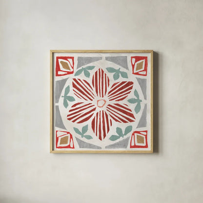 Woodcut Christmas IX Color by Daphne Brissonnet. Shown in a natural wood glass frame for a timeless modern aesthetic. Available as an archival giclee rolled canvas, fine art paper, or poster print. SKU 69700a.