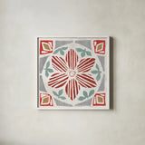 Woodcut Christmas IX Color by Daphne Brissonnet. Shown in a crisp white glass frame for a clean and minimalist style. Available as an archival giclee rolled canvas, fine art paper, or poster print. SKU 69700a.