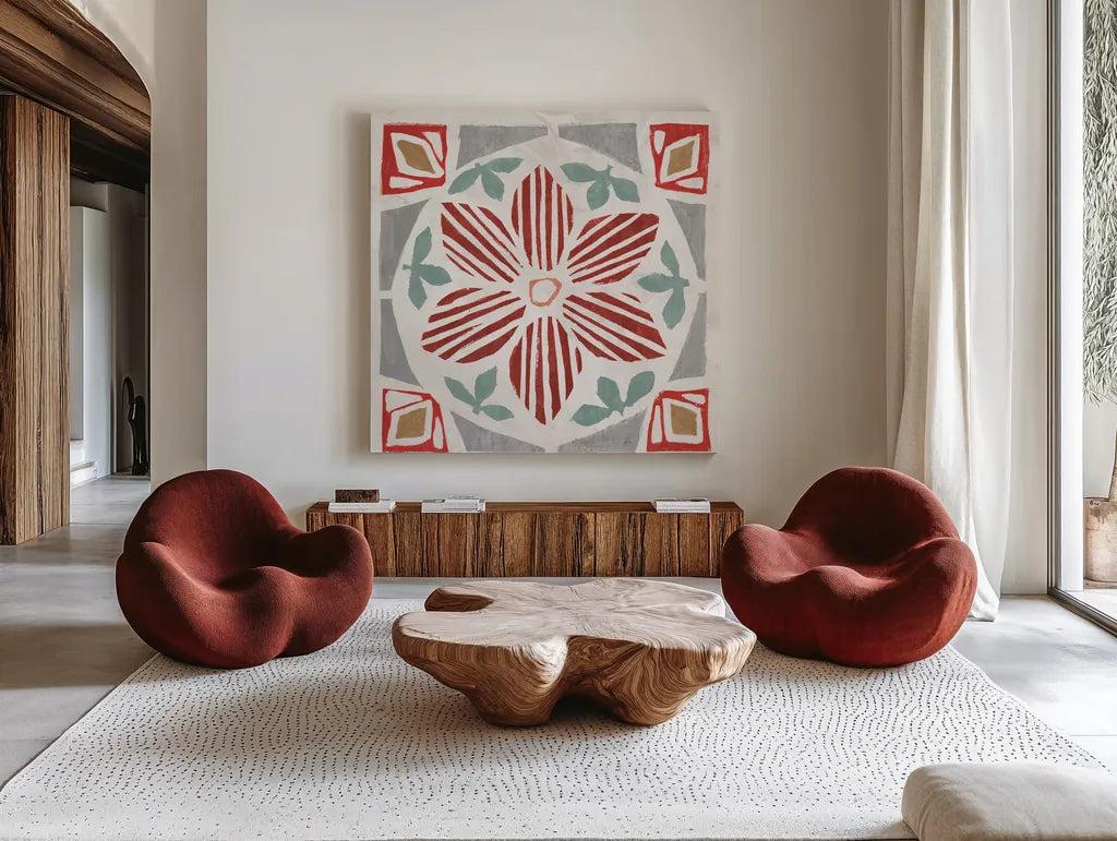 Woodcut Christmas IX Color by Daphne Brissonnet. Shown as extra-large giant wall art in a modern living room. Available as an archival giclee rolled canvas, fine art paper, or poster print. SKU 69700a.