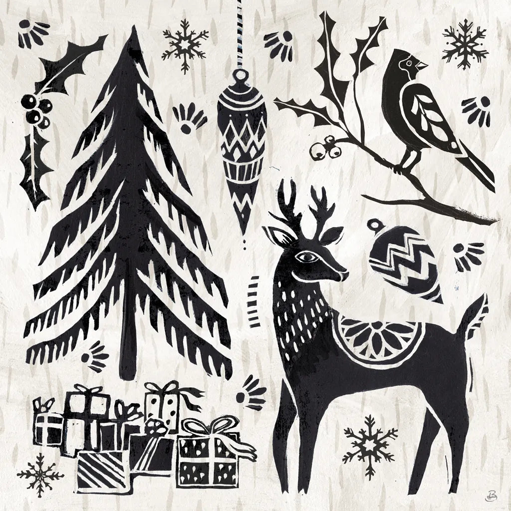 Woodcut Christmas V by Daphne Brissonnet. SKU 69684a. Archival Giclee Fine art print for wall decor.