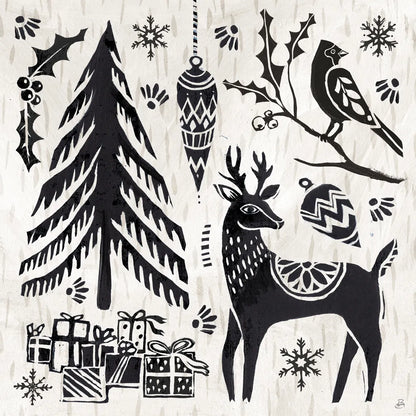 Woodcut Christmas V by Daphne Brissonnet. SKU 69684a. Archival Giclee Fine art print for wall decor.
