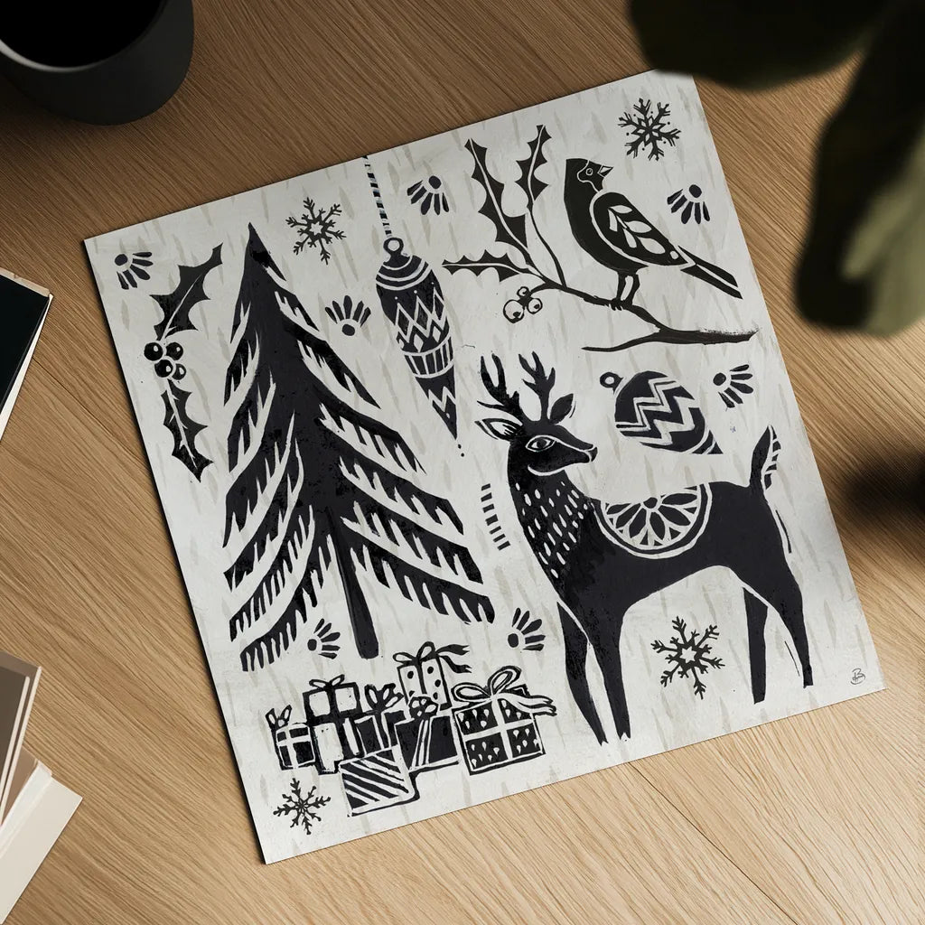 Woodcut Christmas V by Daphne Brissonnet. Shown as a detailed flat fine art print, highlighting archival giclee quality. Available as an archival giclee rolled canvas, fine art paper, or poster print. SKU 69684a.