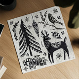 Woodcut Christmas V by Daphne Brissonnet. Shown as a detailed flat fine art print, highlighting archival giclee quality. Available as an archival giclee rolled canvas, fine art paper, or poster print. SKU 69684a.