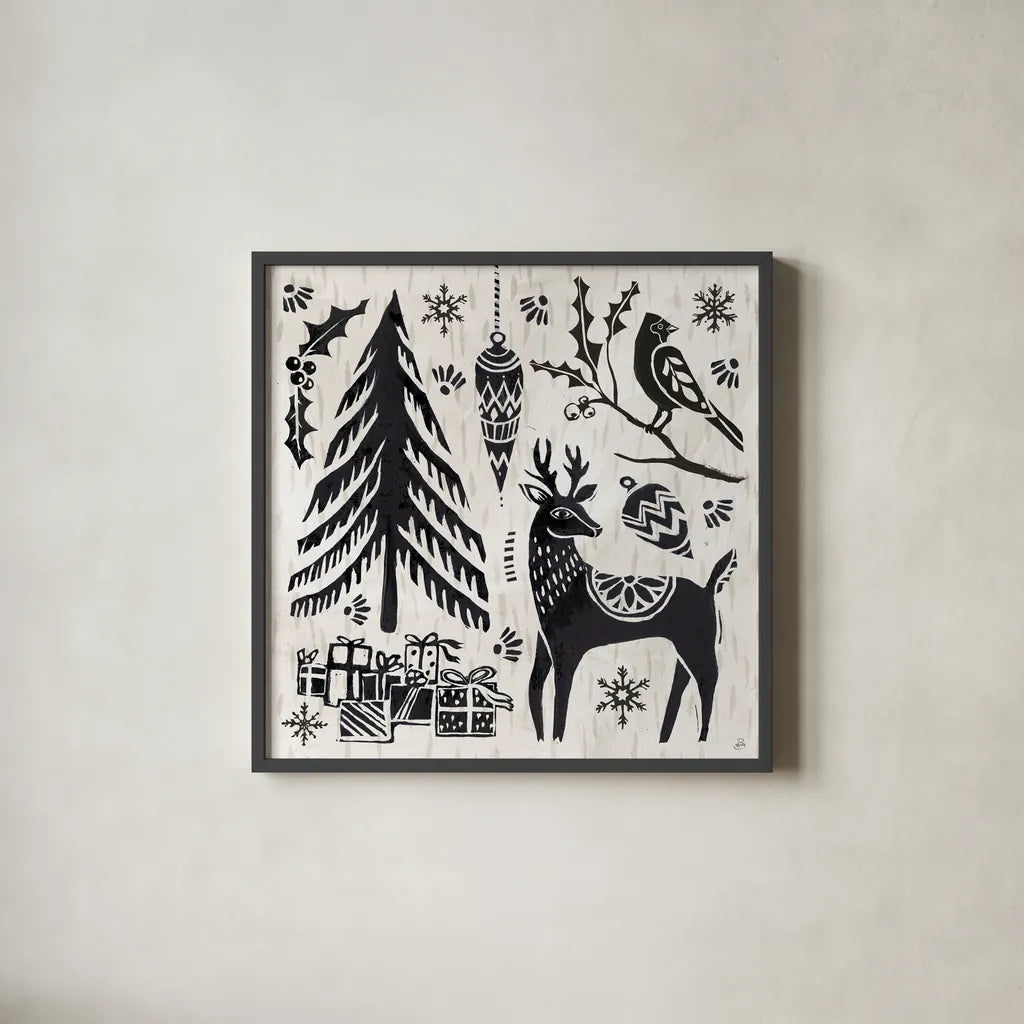 Woodcut Christmas V by Daphne Brissonnet. Shown in a sleek black glass frame for a contemporary gallery look. Available as an archival giclee rolled canvas, fine art paper, or poster print. SKU 69684a.