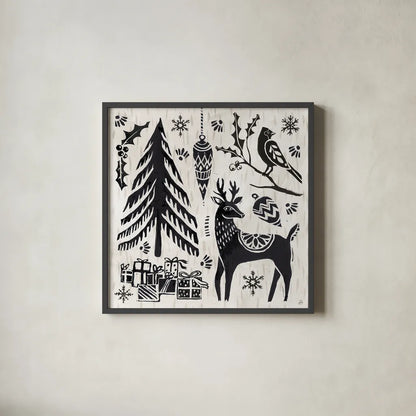 Woodcut Christmas V by Daphne Brissonnet. Shown in a sleek black glass frame for a contemporary gallery look. Available as an archival giclee rolled canvas, fine art paper, or poster print. SKU 69684a.
