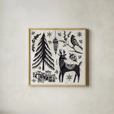 Woodcut Christmas V by Daphne Brissonnet. Shown in a natural wood glass frame for a timeless modern aesthetic. Available as an archival giclee rolled canvas, fine art paper, or poster print. SKU 69684a.