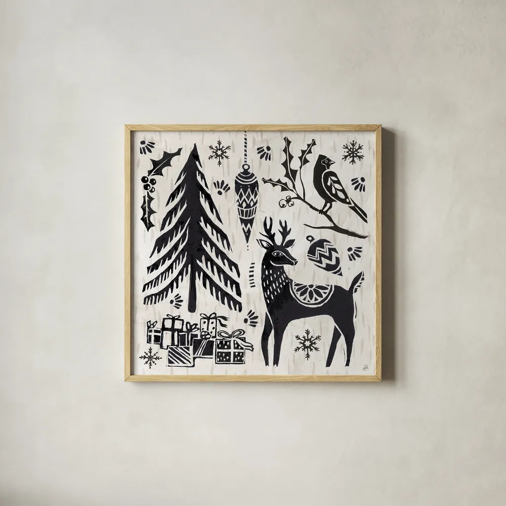 Woodcut Christmas V by Daphne Brissonnet. Shown in a natural wood glass frame for a timeless modern aesthetic. Available as an archival giclee rolled canvas, fine art paper, or poster print. SKU 69684a.