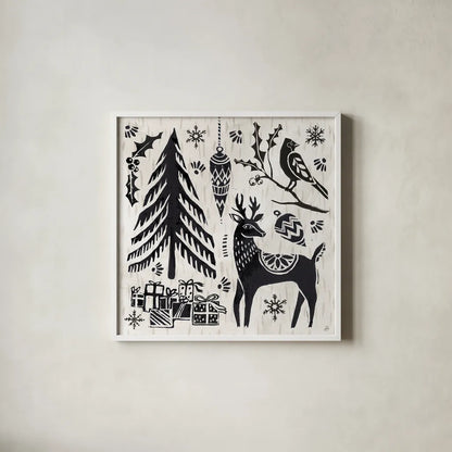 Woodcut Christmas V by Daphne Brissonnet. Shown in a crisp white glass frame for a clean and minimalist style. Available as an archival giclee rolled canvas, fine art paper, or poster print. SKU 69684a.