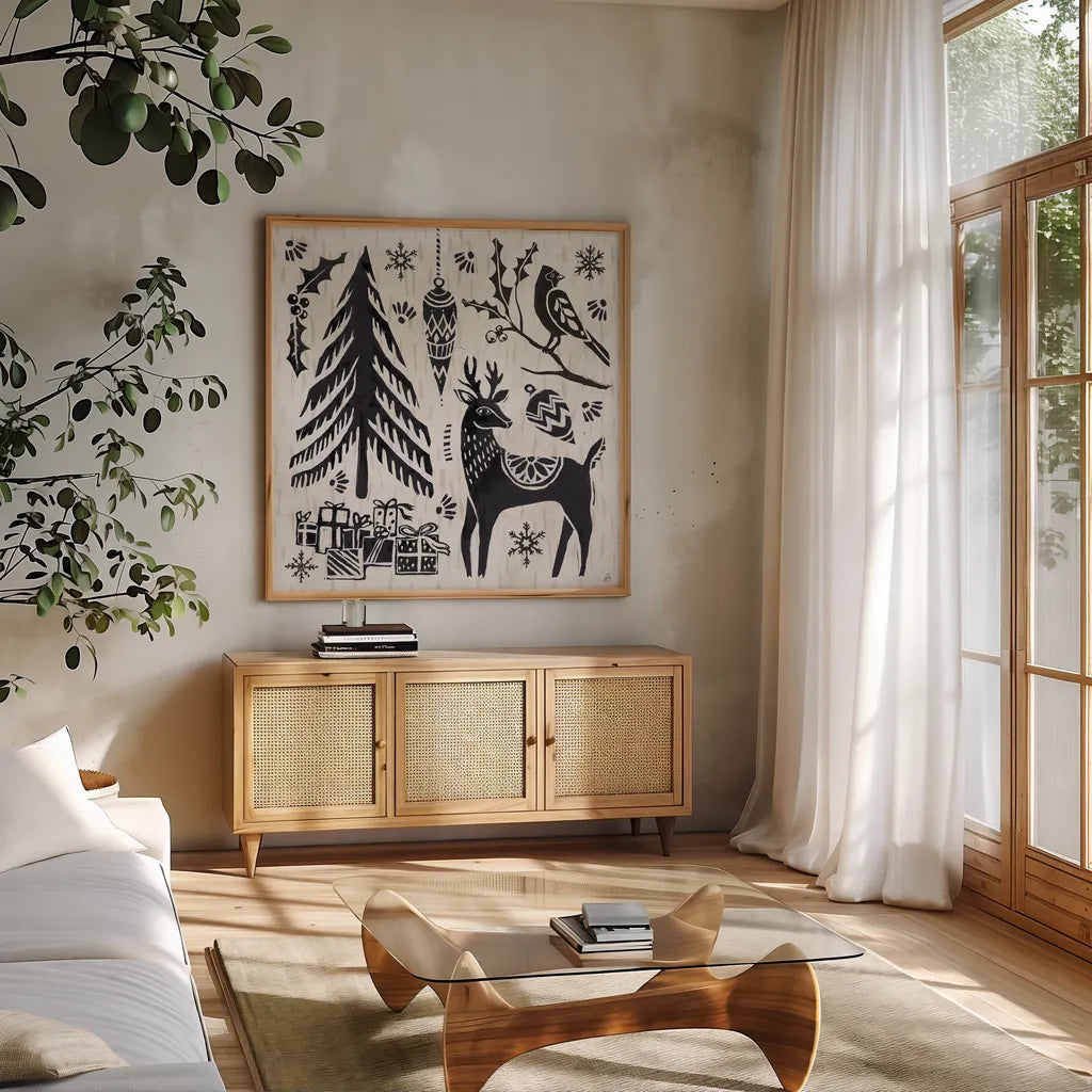 Woodcut Christmas V by Daphne Brissonnet. Shown in a natural wood frame in a cozy modern living room. Available as an archival giclee rolled canvas, fine art paper, or poster print. SKU 69684a.