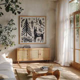 Woodcut Christmas V by Daphne Brissonnet. Shown in a natural wood frame in a cozy modern living room. Available as an archival giclee rolled canvas, fine art paper, or poster print. SKU 69684a.