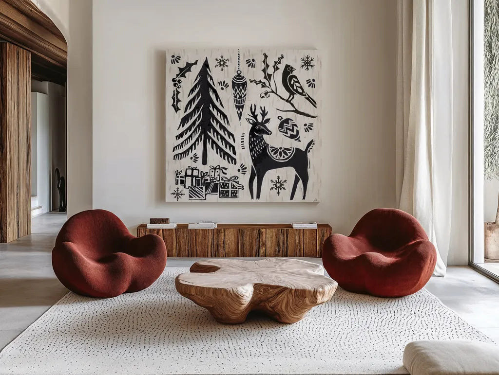 Woodcut Christmas V by Daphne Brissonnet. Shown as extra-large giant wall art in a modern living room. Available as an archival giclee rolled canvas, fine art paper, or poster print. SKU 69684a.