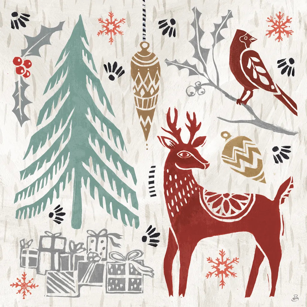 Woodcut Christmas V Color by Daphne Brissonnet. SKU 69696a. Archival Giclee Fine art print for wall decor.
