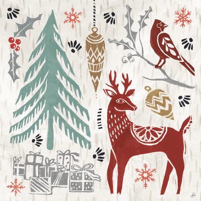 Woodcut Christmas V Color by Daphne Brissonnet. SKU 69696a. Archival Giclee Fine art print for wall decor.