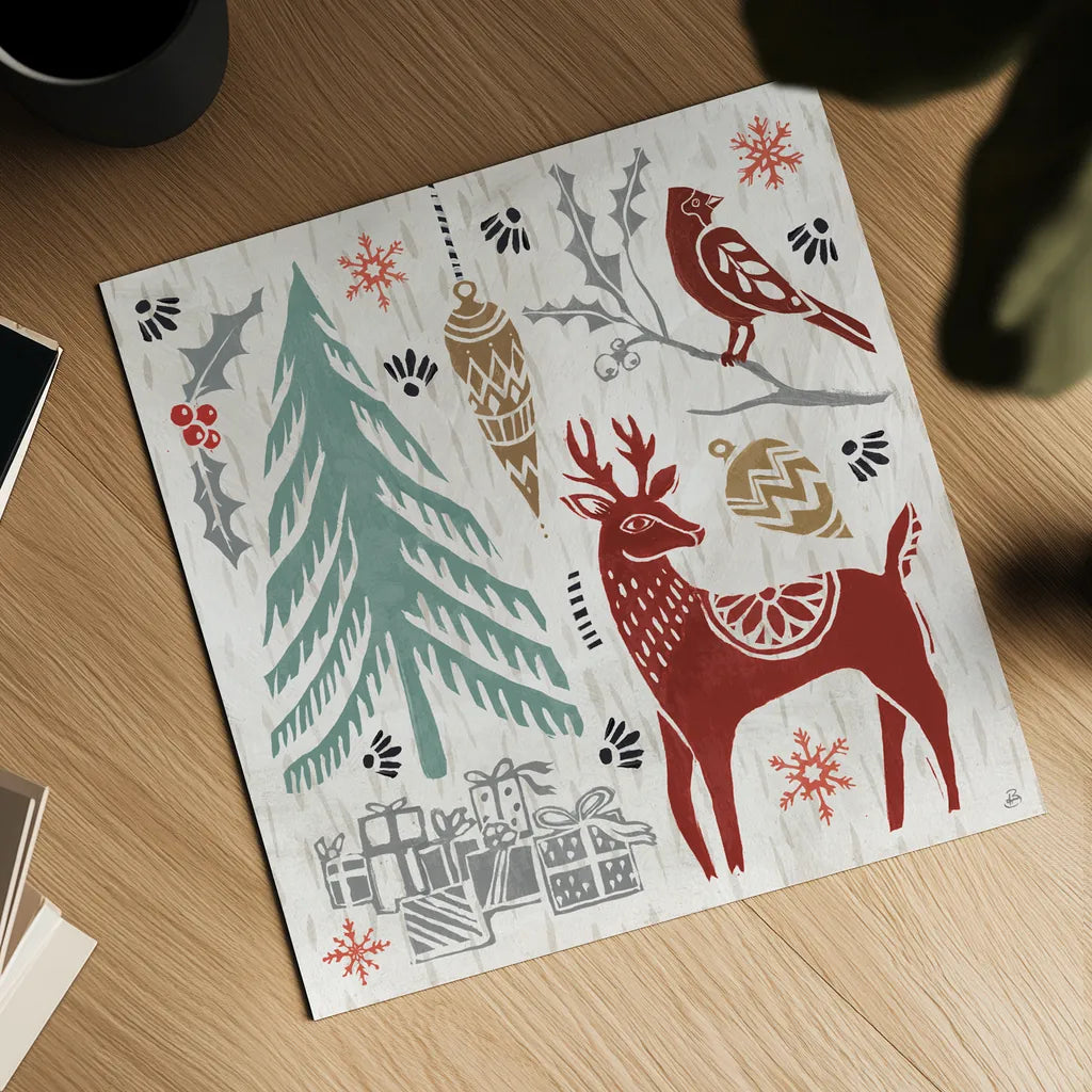 Woodcut Christmas V Color by Daphne Brissonnet. Shown as a detailed flat fine art print, highlighting archival giclee quality. Available as an archival giclee rolled canvas, fine art paper, or poster print. SKU 69696a.