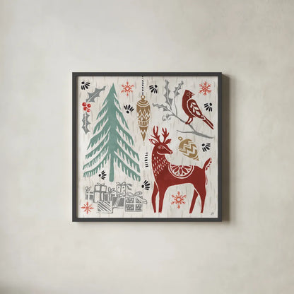 Woodcut Christmas V Color by Daphne Brissonnet. Shown in a sleek black glass frame for a contemporary gallery look. Available as an archival giclee rolled canvas, fine art paper, or poster print. SKU 69696a.