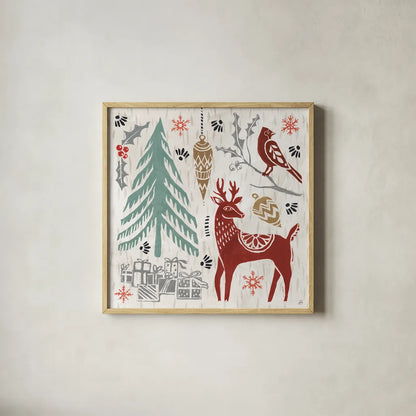 Woodcut Christmas V Color by Daphne Brissonnet. Shown in a natural wood glass frame for a timeless modern aesthetic. Available as an archival giclee rolled canvas, fine art paper, or poster print. SKU 69696a.