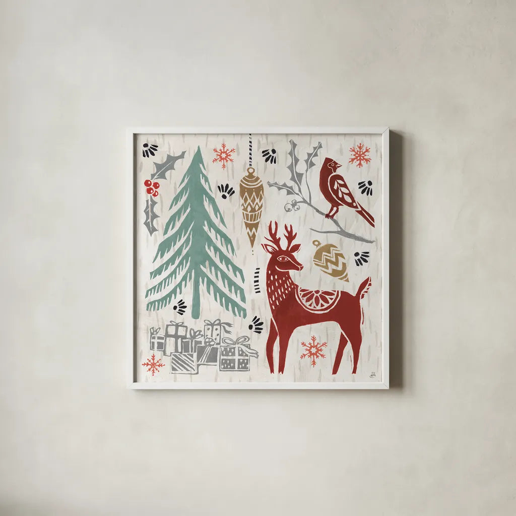 Woodcut Christmas V Color by Daphne Brissonnet. Shown in a crisp white glass frame for a clean and minimalist style. Available as an archival giclee rolled canvas, fine art paper, or poster print. SKU 69696a.