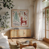 Woodcut Christmas V Color by Daphne Brissonnet. Shown in a natural wood frame in a cozy modern living room. Available as an archival giclee rolled canvas, fine art paper, or poster print. SKU 69696a.