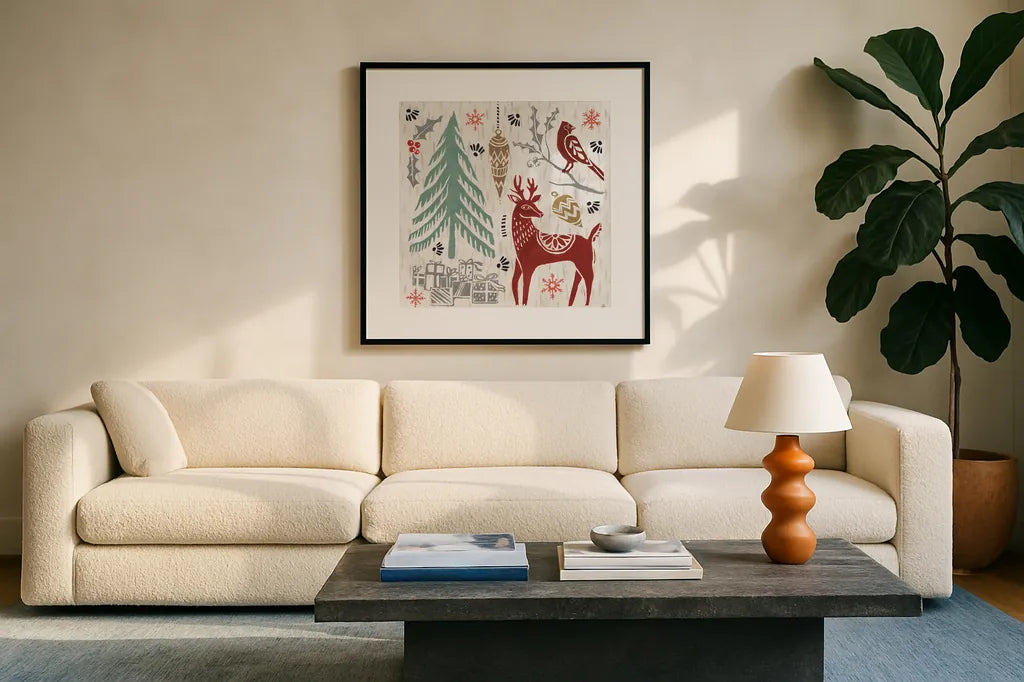 Woodcut Christmas V Color by Daphne Brissonnet. Displayed in a glass frame with matte in a clean modern living room. Available as an archival giclee rolled canvas, fine art paper, or poster print. SKU 69696a.