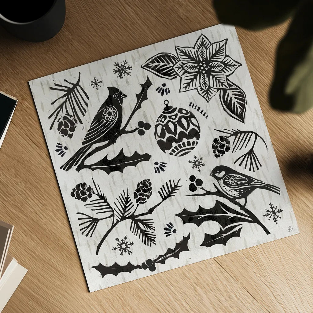 Woodcut Christmas VI by Daphne Brissonnet. Shown as a detailed flat fine art print, highlighting archival giclee quality. Available as an archival giclee rolled canvas, fine art paper, or poster print. SKU 69685a.