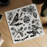Woodcut Christmas VI by Daphne Brissonnet. Shown as a detailed flat fine art print, highlighting archival giclee quality. Available as an archival giclee rolled canvas, fine art paper, or poster print. SKU 69685a.