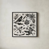 Woodcut Christmas VI by Daphne Brissonnet. Shown in a sleek black glass frame for a contemporary gallery look. Available as an archival giclee rolled canvas, fine art paper, or poster print. SKU 69685a.