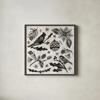 Woodcut Christmas VI by Daphne Brissonnet. Shown in a sleek black glass frame for a contemporary gallery look. Available as an archival giclee rolled canvas, fine art paper, or poster print. SKU 69685a.