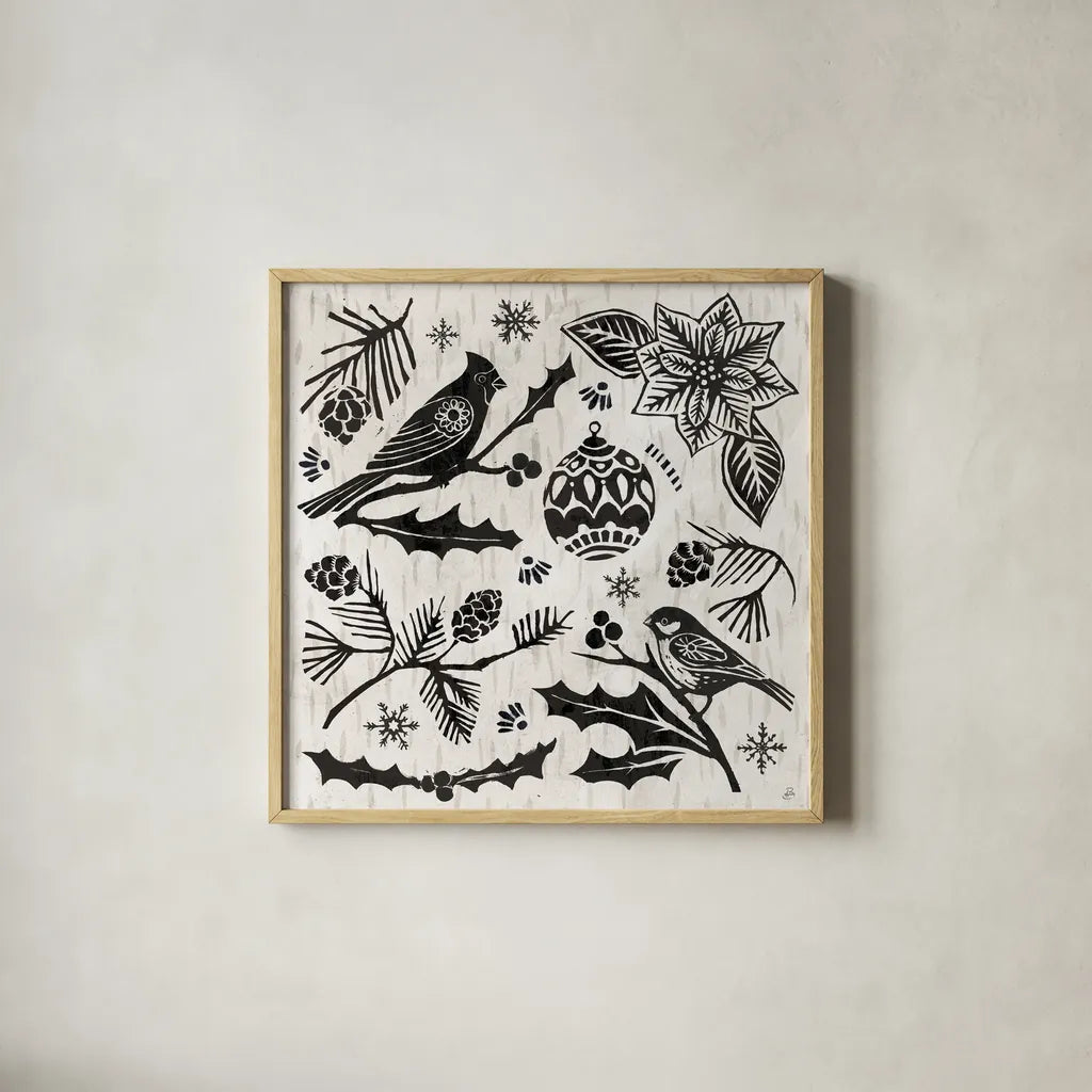 Woodcut Christmas VI by Daphne Brissonnet. Shown in a natural wood glass frame for a timeless modern aesthetic. Available as an archival giclee rolled canvas, fine art paper, or poster print. SKU 69685a.