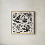 Woodcut Christmas VI by Daphne Brissonnet. Shown in a natural wood glass frame for a timeless modern aesthetic. Available as an archival giclee rolled canvas, fine art paper, or poster print. SKU 69685a.