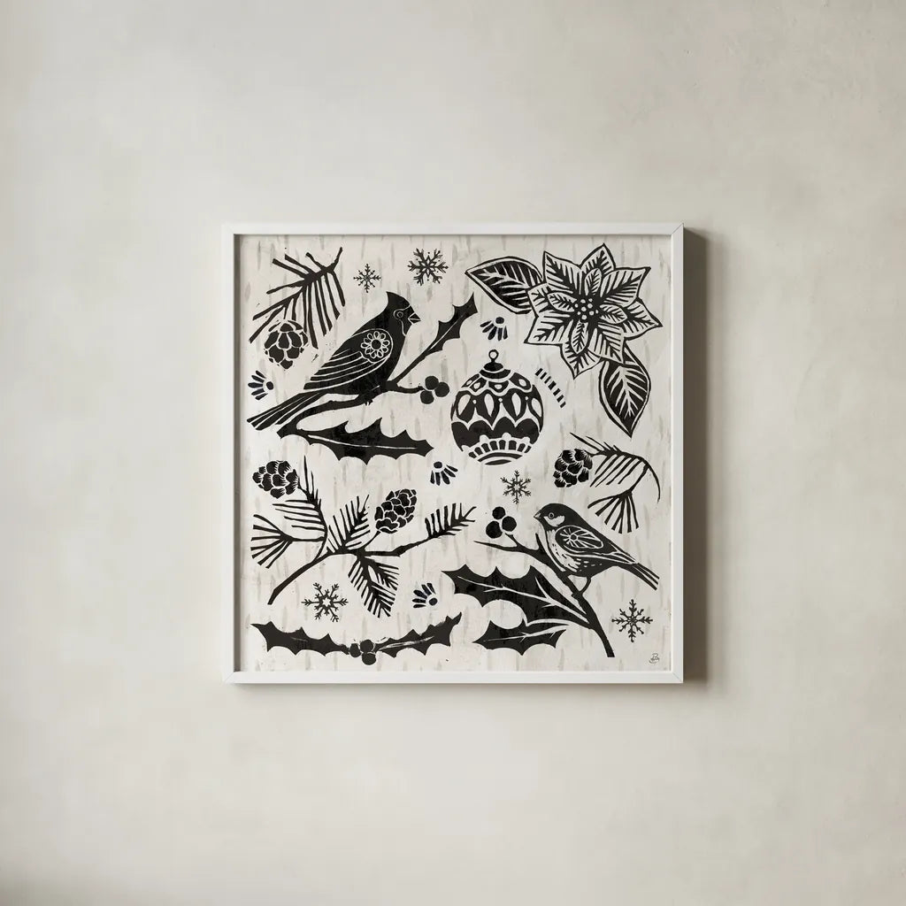 Woodcut Christmas VI by Daphne Brissonnet. Shown in a crisp white glass frame for a clean and minimalist style. Available as an archival giclee rolled canvas, fine art paper, or poster print. SKU 69685a.