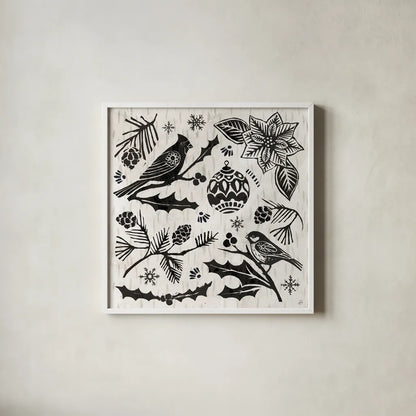 Woodcut Christmas VI by Daphne Brissonnet. Shown in a crisp white glass frame for a clean and minimalist style. Available as an archival giclee rolled canvas, fine art paper, or poster print. SKU 69685a.