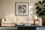 Woodcut Christmas VI by Daphne Brissonnet. Displayed in a glass frame with matte in a clean modern living room. Available as an archival giclee rolled canvas, fine art paper, or poster print. SKU 69685a.