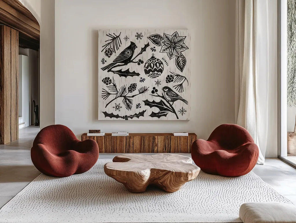 Woodcut Christmas VI by Daphne Brissonnet. Shown as extra-large giant wall art in a modern living room. Available as an archival giclee rolled canvas, fine art paper, or poster print. SKU 69685a.