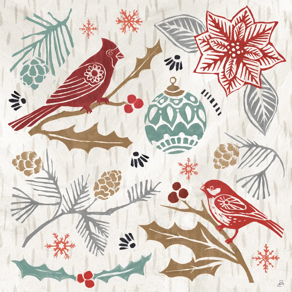 Woodcut Christmas VI Color by Daphne Brissonnet. SKU 69697a. Archival Giclee Fine art print for wall decor.