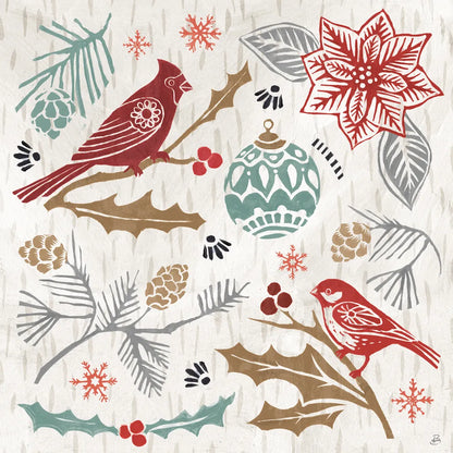 Woodcut Christmas VI Color by Daphne Brissonnet. SKU 69697a. Archival Giclee Fine art print for wall decor.