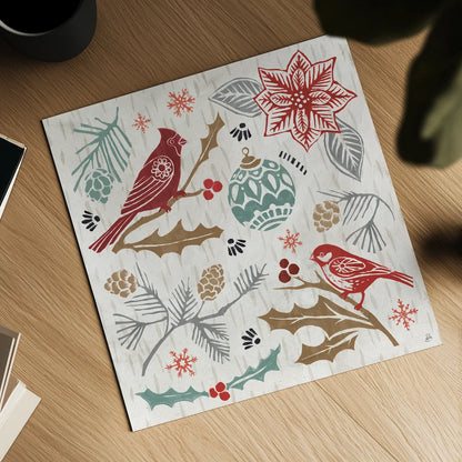 Woodcut Christmas VI Color by Daphne Brissonnet. Shown as a detailed flat fine art print, highlighting archival giclee quality. Available as an archival giclee rolled canvas, fine art paper, or poster print. SKU 69697a.