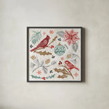 Woodcut Christmas VI Color by Daphne Brissonnet. Shown in a sleek black glass frame for a contemporary gallery look. Available as an archival giclee rolled canvas, fine art paper, or poster print. SKU 69697a.