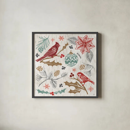 Woodcut Christmas VI Color by Daphne Brissonnet. Shown in a sleek black glass frame for a contemporary gallery look. Available as an archival giclee rolled canvas, fine art paper, or poster print. SKU 69697a.