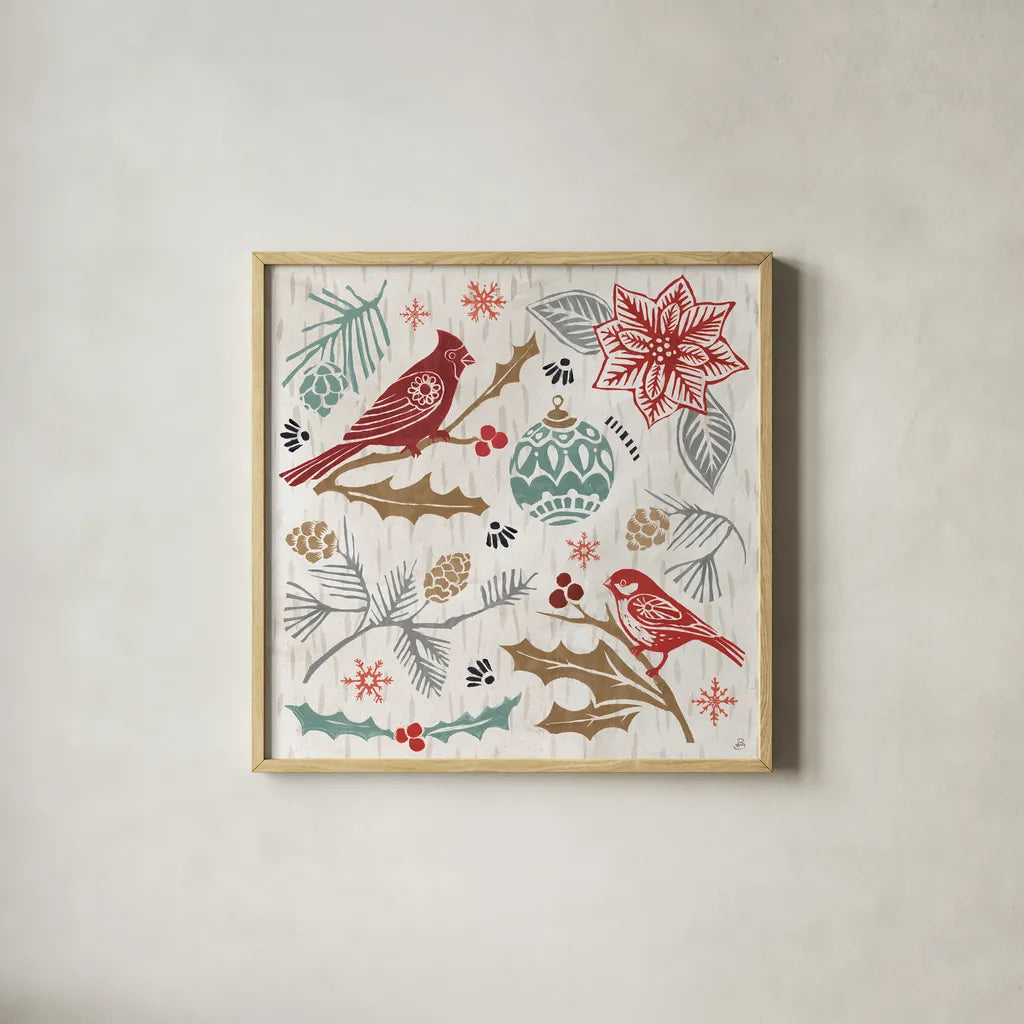 Woodcut Christmas VI Color by Daphne Brissonnet. Shown in a natural wood glass frame for a timeless modern aesthetic. Available as an archival giclee rolled canvas, fine art paper, or poster print. SKU 69697a.