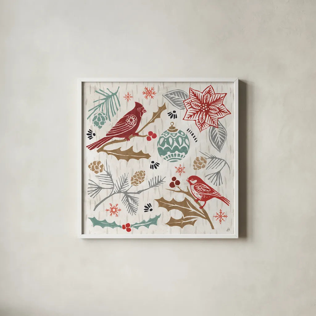 Woodcut Christmas VI Color by Daphne Brissonnet. Shown in a crisp white glass frame for a clean and minimalist style. Available as an archival giclee rolled canvas, fine art paper, or poster print. SKU 69697a.