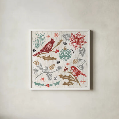 Woodcut Christmas VI Color by Daphne Brissonnet. Shown in a crisp white glass frame for a clean and minimalist style. Available as an archival giclee rolled canvas, fine art paper, or poster print. SKU 69697a.