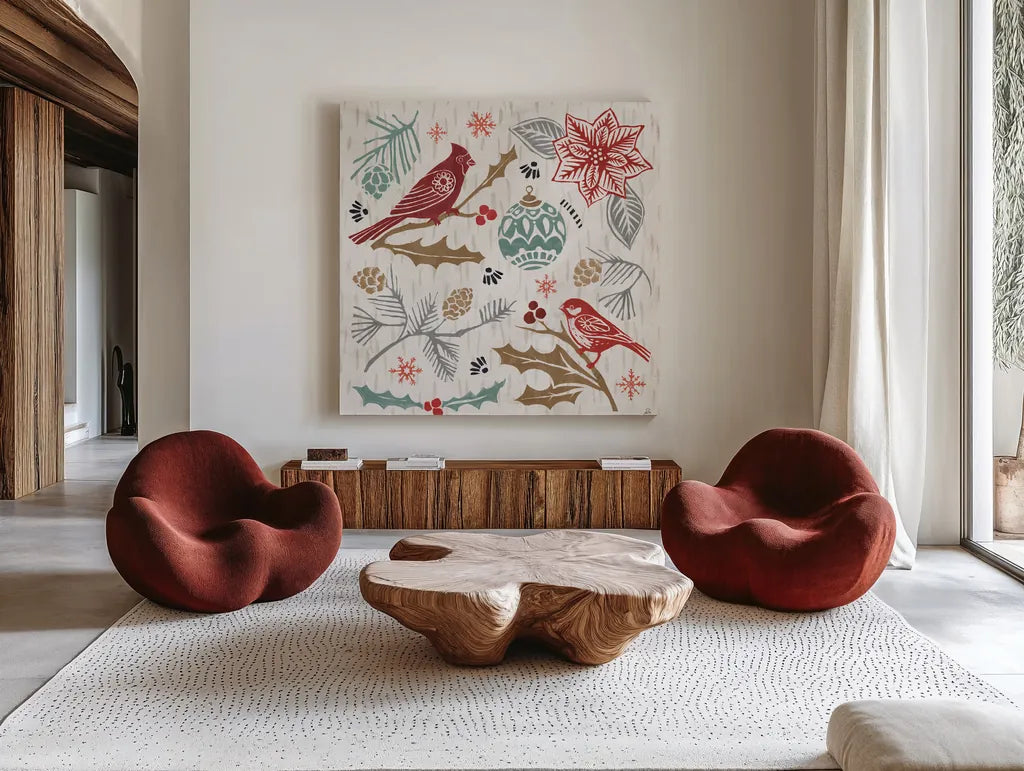 Woodcut Christmas VI Color by Daphne Brissonnet. Shown as extra-large giant wall art in a modern living room. Available as an archival giclee rolled canvas, fine art paper, or poster print. SKU 69697a.