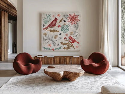 Woodcut Christmas VI Color by Daphne Brissonnet. Shown as extra-large giant wall art in a modern living room. Available as an archival giclee rolled canvas, fine art paper, or poster print. SKU 69697a.