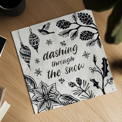 Woodcut Christmas VII by Daphne Brissonnet. Shown as a detailed flat fine art print, highlighting archival giclee quality. Available as an archival giclee rolled canvas, fine art paper, or poster print. SKU 69686a.