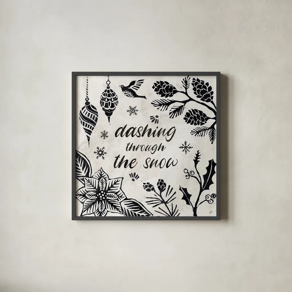 Woodcut Christmas VII by Daphne Brissonnet. Shown in a sleek black glass frame for a contemporary gallery look. Available as an archival giclee rolled canvas, fine art paper, or poster print. SKU 69686a.